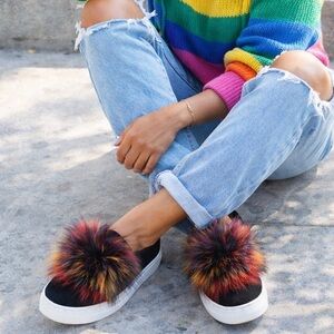 Steve Madden Pom Pom Slip-On Sneakers | Black Multicolor Fur | Size 6.5